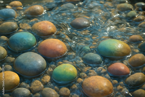 Smooth colorful river stones glistening under shallow flowing water