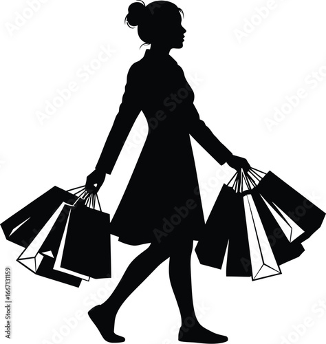Silhouette of a stylish woman walking with shopping bags, , showcasing modern urban lifestyle and consumerism with a minimalist design approach