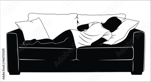 Illustration of a person sleeping a couch with pillows, representing relaxation and comfort