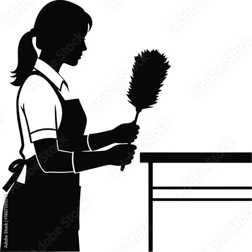 Illustration of a maid dusting furniture with a feather duster