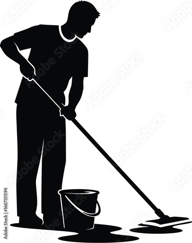 Silhouette of a man mopping floor he is using a mop and a bucket to clean floor, and he is wearing casual clothes