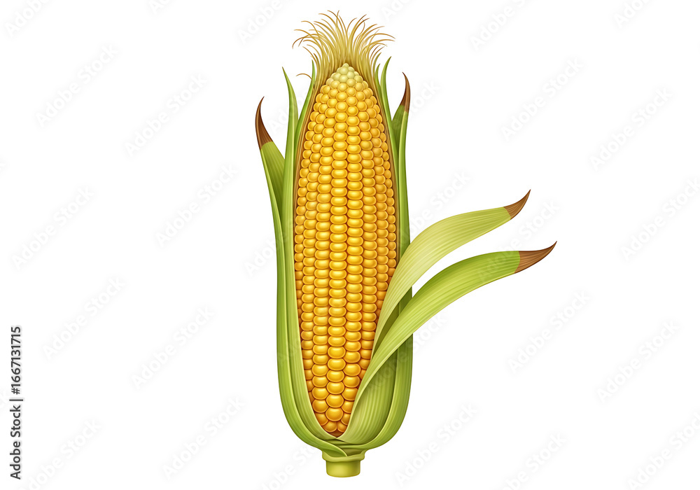Obraz premium A detailed illustration of a corn cob, showcasing the vibrant yellow kernels and lush green husks against a stark black background.