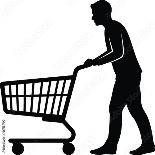 Silhouette of a man pushing a shopping cart in a supermarket, he is a customer making a purchase of groceries and other items