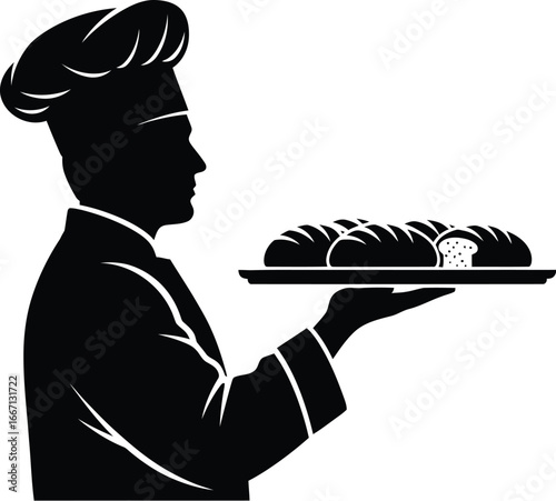 Silhouette of a baker holding a tray of bread, he is a professional chef with culinary expertise in kitchen