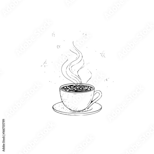 Sketch of a steaming coffee cup drawing for morning coffee caffeine drink and cafe art illustration design