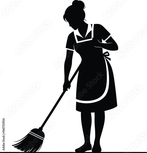 Silhouette of a woman cleaning with a broom, a maid or housewife doing housework, sweeping floor with a domestic tool for hygiene
