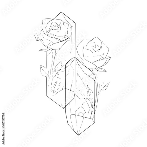 Rose flower crystal geometric line art drawing for tattoo design and floral arrangement illustration concept
