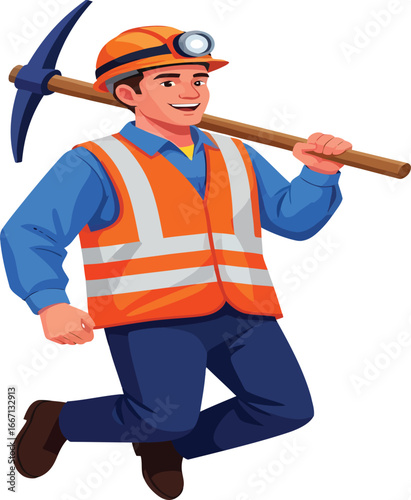 Vector, illustration, miner with digging tools, happy, jumping, poster, background, worker