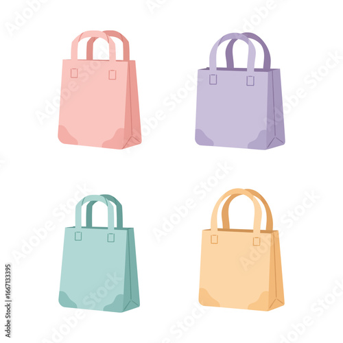 Four colorful shopping bags in different hues on a white background