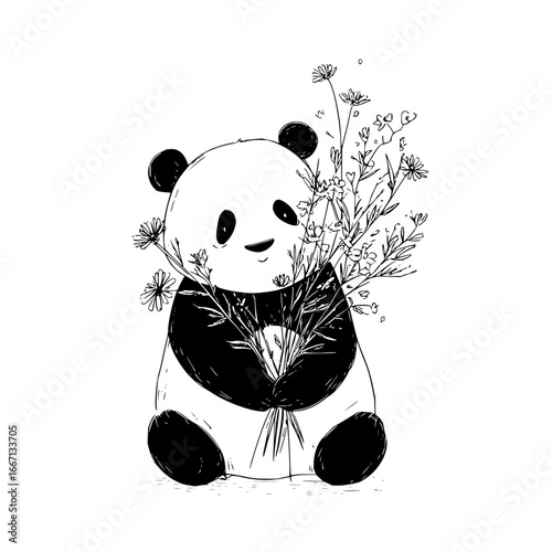 Cute panda bear holding flowers drawing illustration for kids room decor and animal lovers black and white sketch art