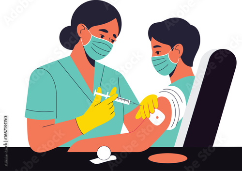 Medical professional administers injection to patient wearing mask healthcare syringe