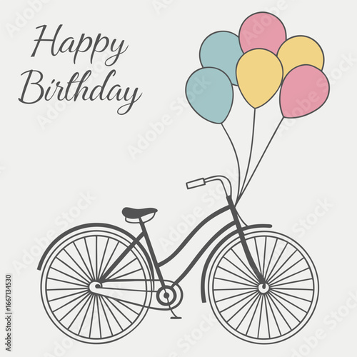 Vintage bicycle adorned with vibrant balloons conveys cheerful birthday wishes beautifully against a light background