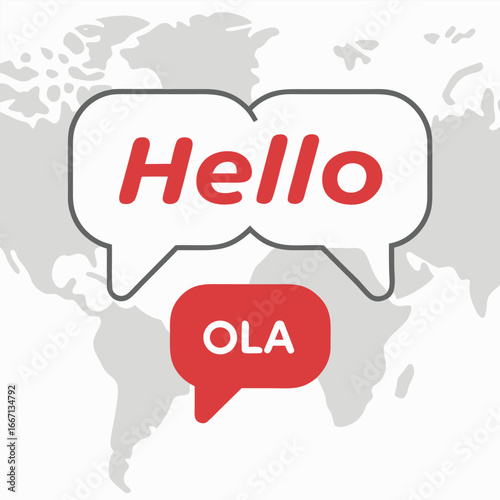 Greeting bubbles Hello and Ola overlay world map to represent multilingual communication