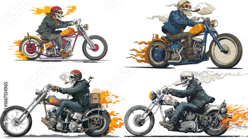 Dynamic illustration of skeleton bikers riding custom chopper motorcycles with flames and smoke, perfect for tattoo art, biker culture, and graphic design.
