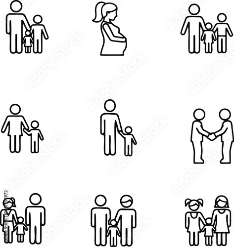 Family icons set depicting various relationships and structures.