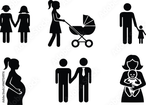 Diversity of Family and Relationships Icons Motherhood, Fatherhood, Parenthood