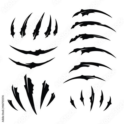 A collection of sharp claw marks and scratches in black