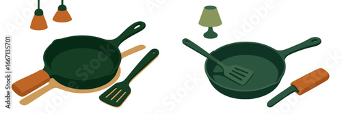 Cast Iron Skillet and Cooking Utensils, Minimalist flat design