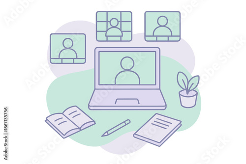 Remote Work and Online Meeting Setup, Minimalist flat design