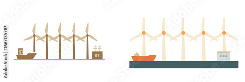 Offshore wind turbines and cargo ship at sea, Minimalist flat design