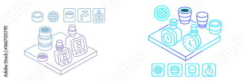 Laboratory equipment and timers in isometric view