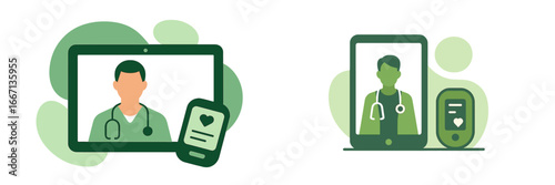 Doctor consultation on digital devices, Minimalist flat design