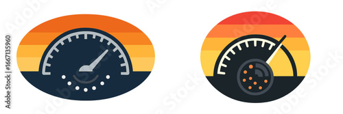 Speedometer Gauge with Retro Sunset, Minimalist flat design