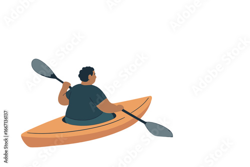 Man paddling orange kayak on calm lake with misty mountains