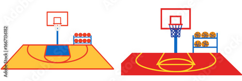 Basketball courts with hoops and balls, Minimalist flat design