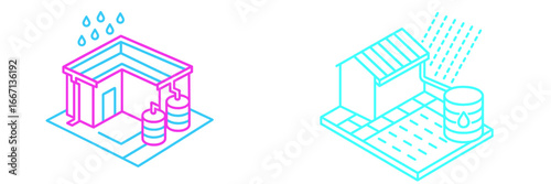 Rainwater harvesting system collecting water from roof into barrels