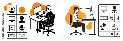 Home Remote Work Setup, Minimalist flat design, isolated on white