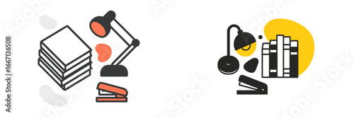 Desk lamp, books, and stapler on dark background