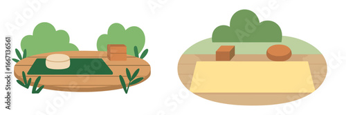 Yoga mat and blocks on wooden platform, Minimalist flat design