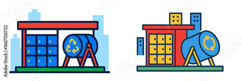 Industrial factory with recycling symbol on tank