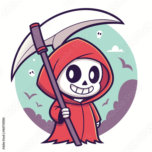 Smiling skeleton character in a red cloak holds a scythe before a teal backdrop