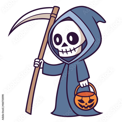 Cartoon reaper in blue cloak holds scythe and jackolantern pumpkin bucket