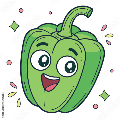 Cartoon green bell pepper with large eyes is smiling cheerfully on transparent background