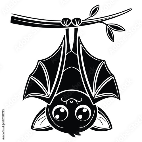 Silhouette bat hangs upside down from a branch with leaves against transparent backdrop