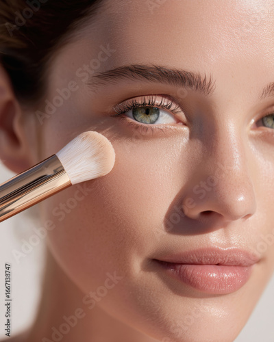 Plakat w ramie Close-up of a young woman applying powder with a soft makeup brush, showcasing smooth, radiant skin