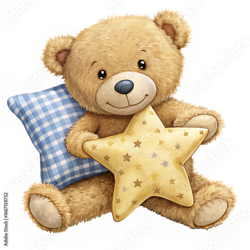 Teddy Bear Hugging A Star Shaped Pillow