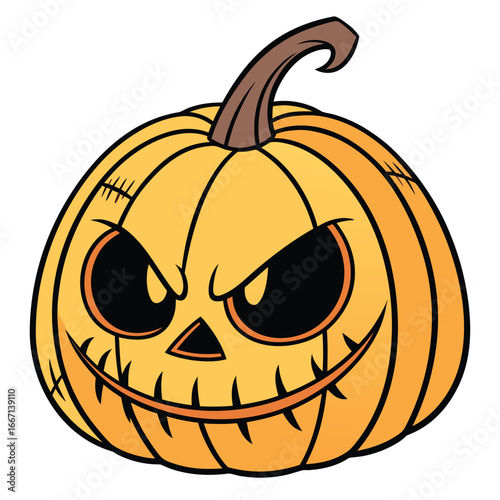 Spooky carved pumpkin with menacing eyes and stitched scars floats on a transparent background
