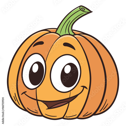 Happy orange pumpkin cartoon with green stem smiling widely on a white backdrop
