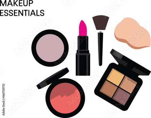 Pink lipstick blush powder eyeshadow palette makeup brush skin sponge beauty cosmetics