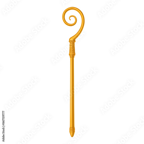 Gold bishop’s staff with curl top against transparent background  