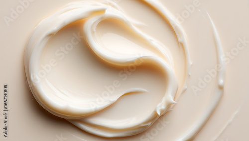 A luxurious swirl of rich, creamy cosmetic moisturizer is captured in a closeup macro shot, showcasing its smooth, thick texture perfect for skincare and beauty applications