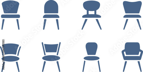 Collection of Eight Blue Chair Icons on White Background