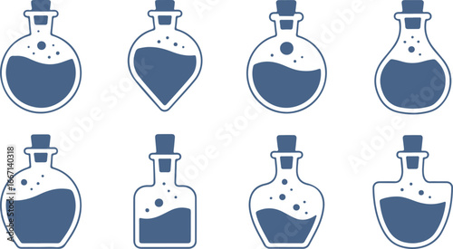 Collection of Eight Blue Potion Bottles with Corks and Bubbles