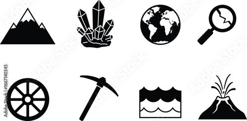 Geology and earth science icons, natural phenomena silhouettes, mining tools, volcano eruption, mountain range, minerals, globe illustration, water waves, tectonic activity