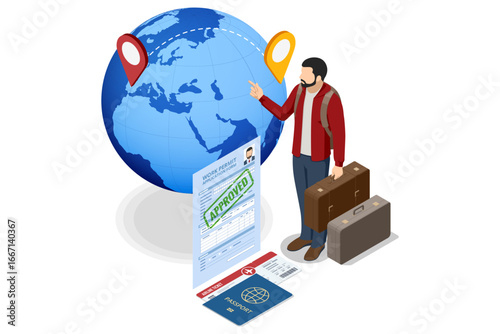 Isometric illustration of a man traveling abroad with passport, approved work permit and world map route.
