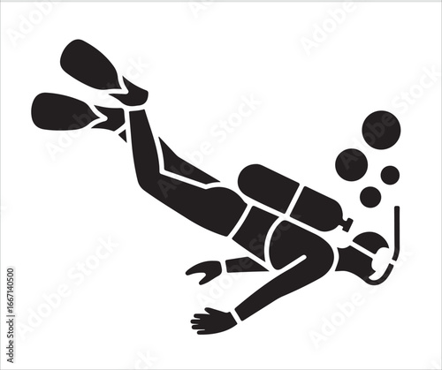 Icon of a scuba diver with tank and bubbles, symbolizing underwater exploration and adventure.